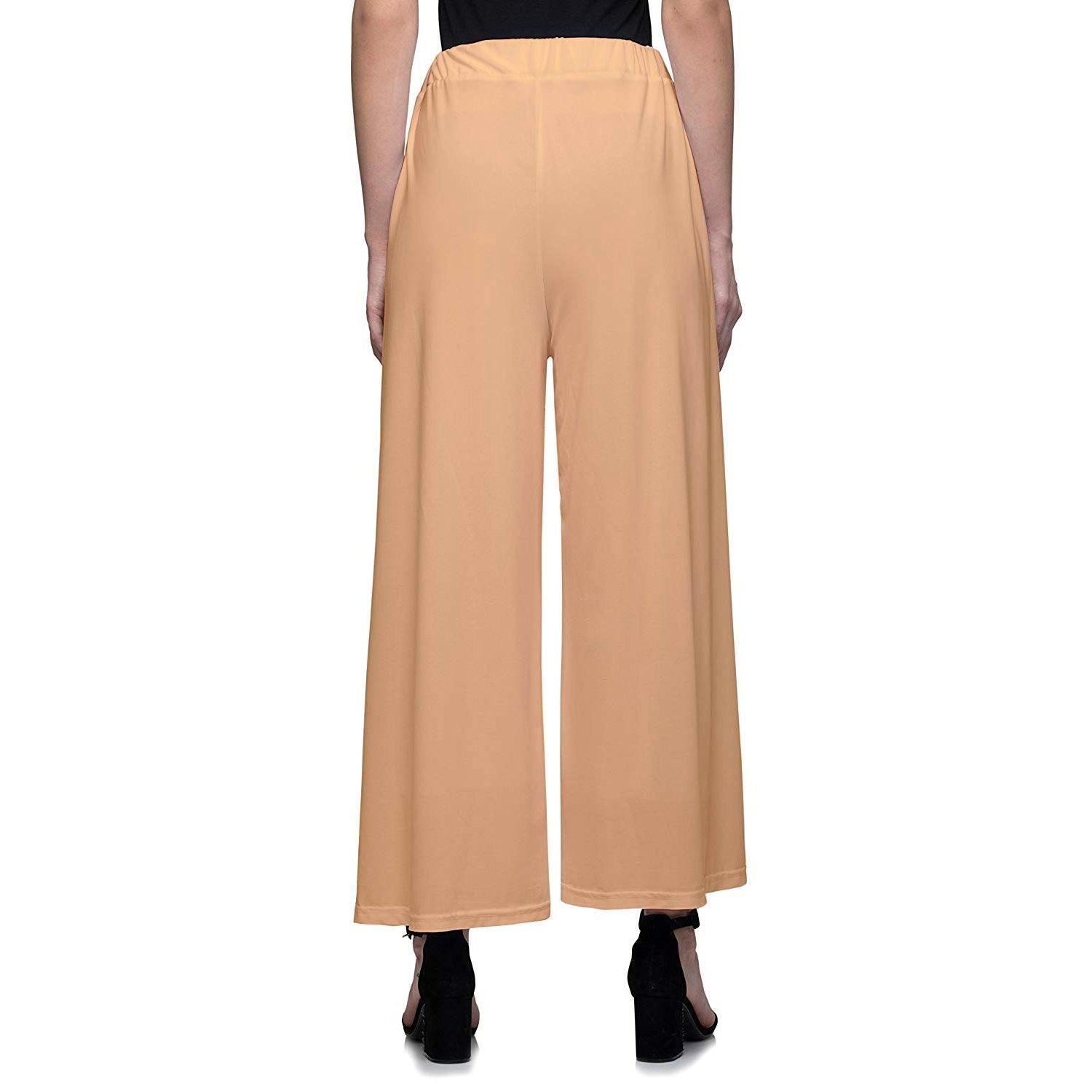 Women's Casual Wide Leg Solid Color Mid Rise Loose Fit Palazzo Pants (One Size, Beige) - Walgrow.com