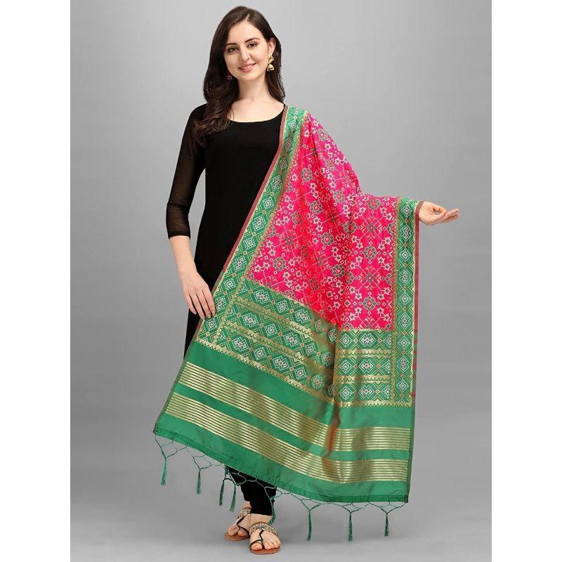 Zindwear Women's Floral Design Woven Silk Blend Dupatta/Chunni/Scarf (Light Green and Pink) - Walgrow.com