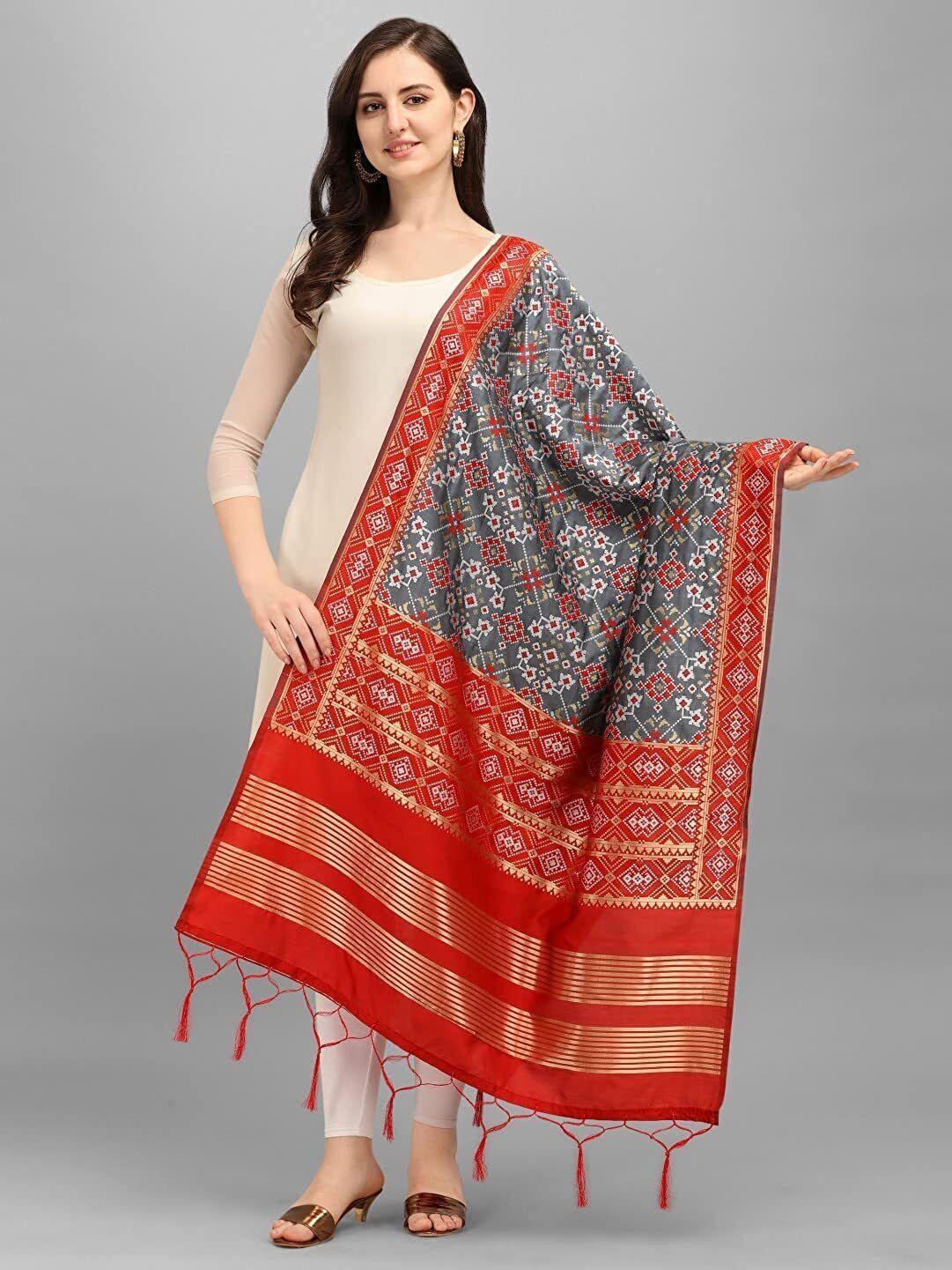 Zindwear Women's Floral Design Woven Silk Blend Dupatta/Chunni/Scarf (Red and Grey) - Walgrow.com