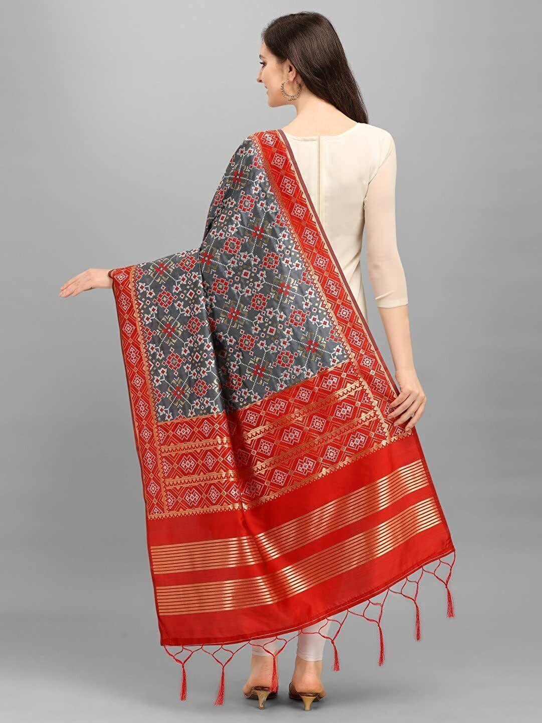 Zindwear Women's Floral Design Woven Silk Blend Dupatta/Chunni/Scarf (Red and Grey) - Walgrow.com