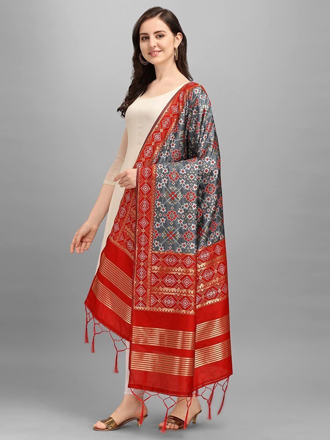 Zindwear Women's Floral Design Woven Silk Blend Dupatta/Chunni/Scarf (Red and Grey) - Walgrow.com