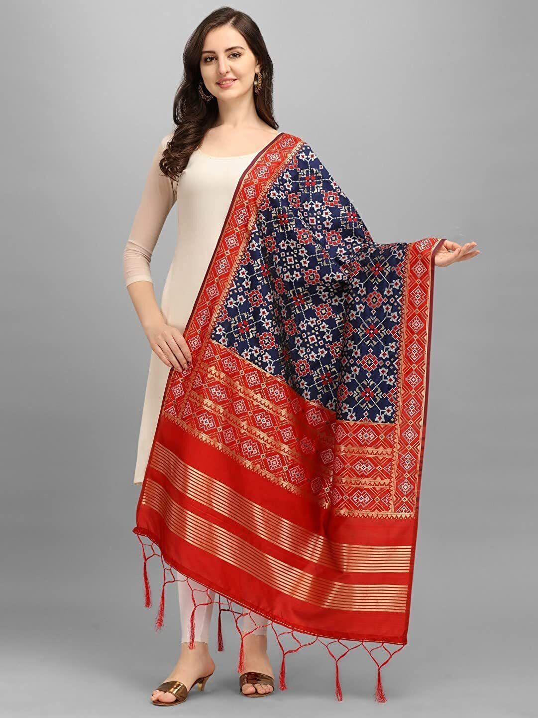 Zindwear Women's Floral Design Woven Silk Blend Dupatta/Chunni/Scarf (Red and Navy Blue) - Walgrow.com