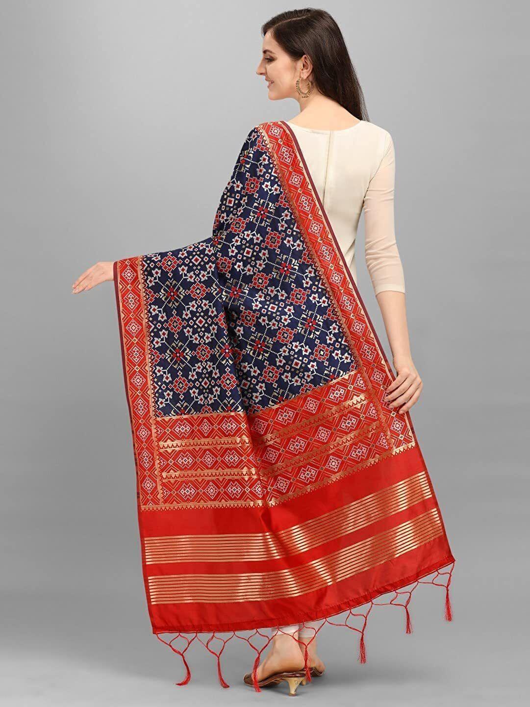 Zindwear Women's Floral Design Woven Silk Blend Dupatta/Chunni/Scarf (Red and Navy Blue) - Walgrow.com