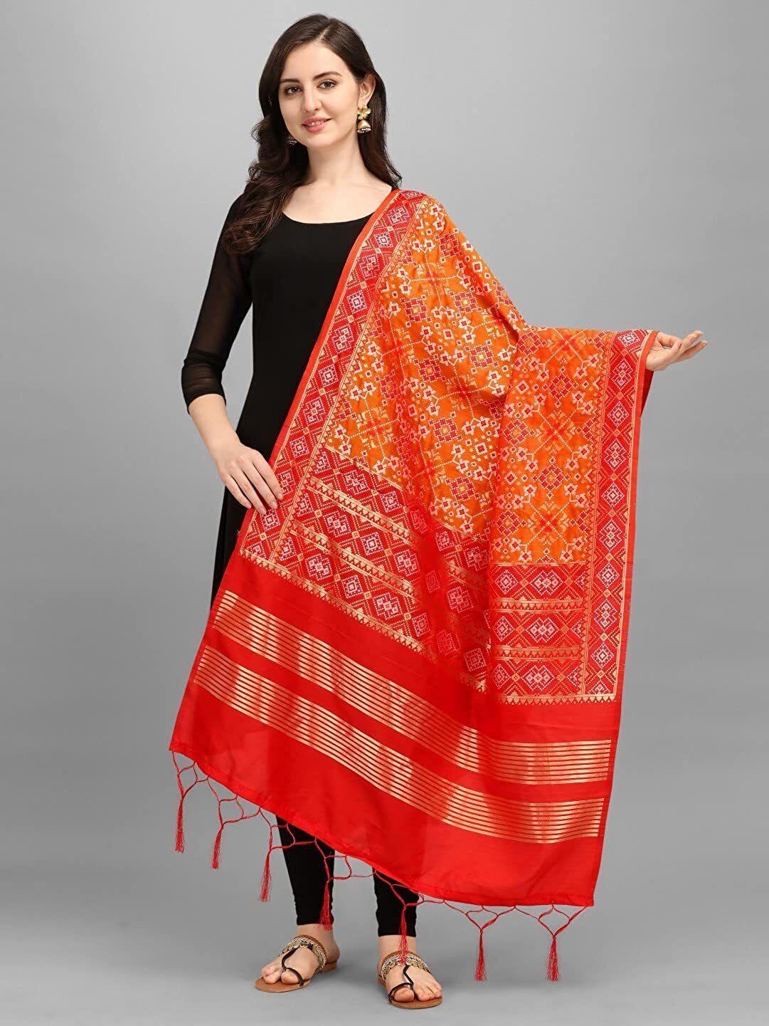 Zindwear Women's Floral Design Woven Silk Blend Dupatta/Chunni/Scarf (Red and Orange) - Walgrow.com