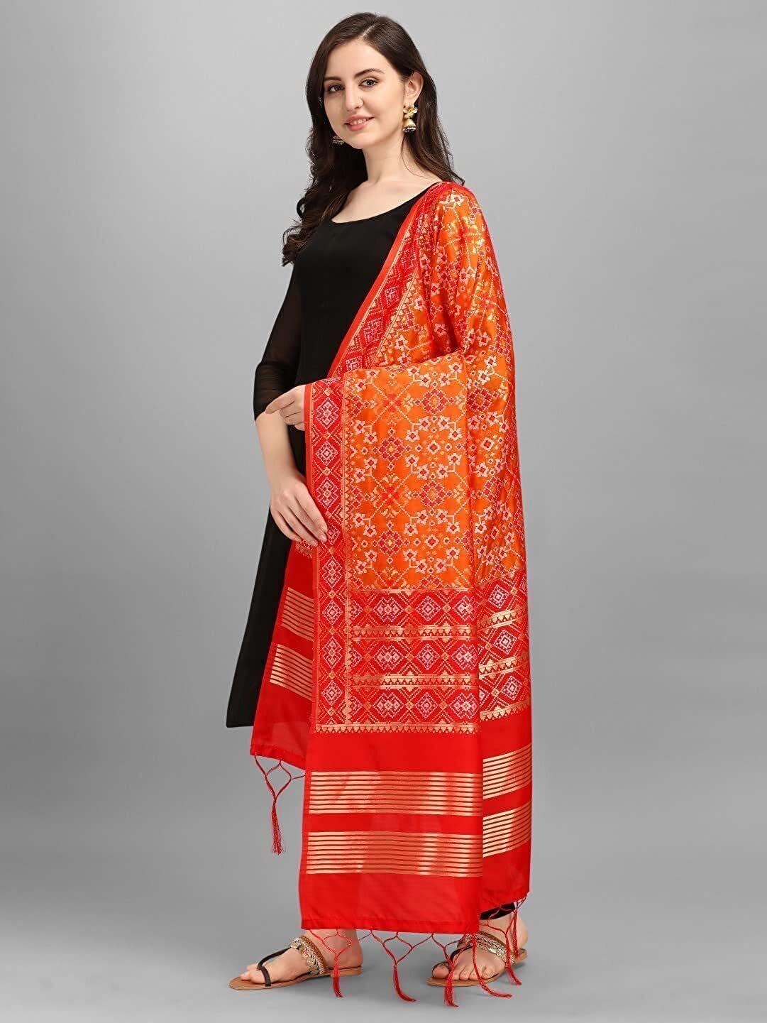 Zindwear Women's Floral Design Woven Silk Blend Dupatta/Chunni/Scarf (Red and Orange) - Walgrow.com