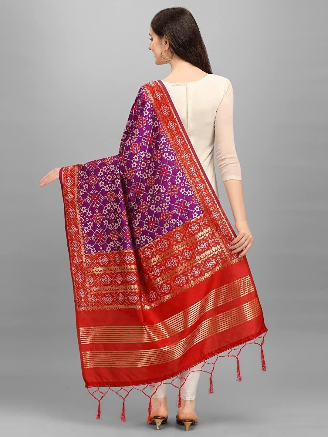 Zindwear Women's Floral Design Woven Silk Blend Dupatta/Chunni/Scarf (Red and Purple) - Walgrow.com