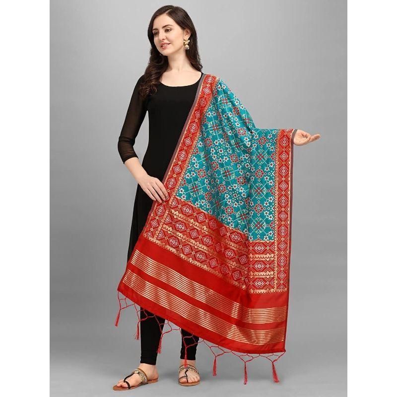 Zindwear Women's Floral Design Woven Silk Blend Dupatta/Chunni/Scarf (Red and Sea Green) - Walgrow.com