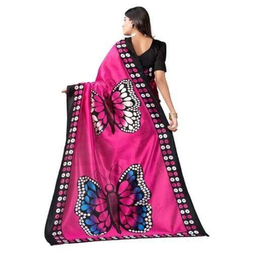 Zindwear Women's Hot Pink with Black Printed Poly Silk Saree with Blouse Party Wedding and Casual Wear - Walgrow.com