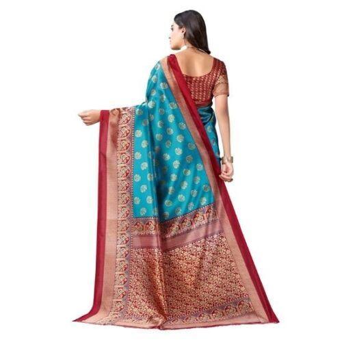 Zindwear Women's Rama Blue Printed Poly Silk Saree with Blouse Party Wedding and Casual Wear - Walgrow.com