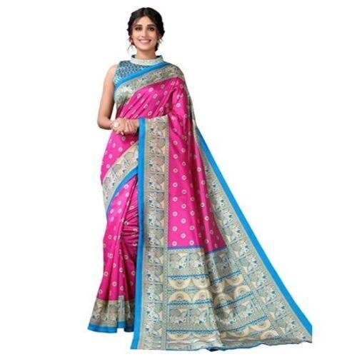 Zindwear Women's Rani Pink with Beige Printed Poly Silk Saree with Blouse Party Wedding and Casual Wear - Walgrow.com