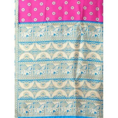 Zindwear Women's Rani Pink with Beige Printed Poly Silk Saree with Blouse Party Wedding and Casual Wear - Walgrow.com