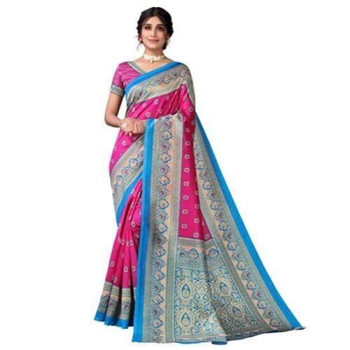 Zindwear Women's Rani Pink with Blue Printed Poly Silk Saree with Blouse Party Wedding and Casual Wear - Walgrow.com