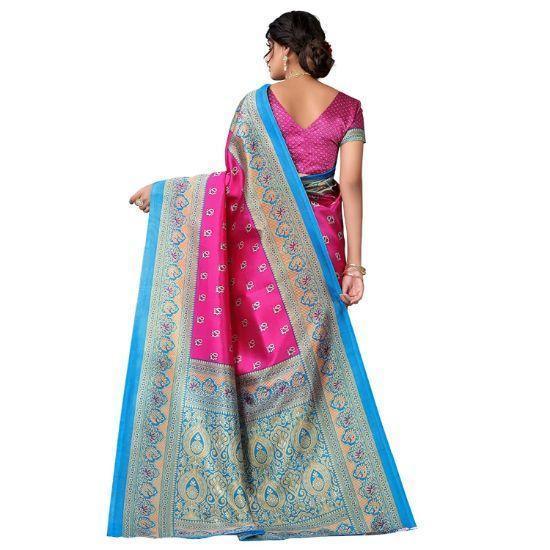 Zindwear Women's Rani Pink with Blue Printed Poly Silk Saree with Blouse Party Wedding and Casual Wear - Walgrow.com