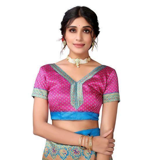 Zindwear Women's Rani Pink with Blue Printed Poly Silk Saree with Blouse Party Wedding and Casual Wear - Walgrow.com